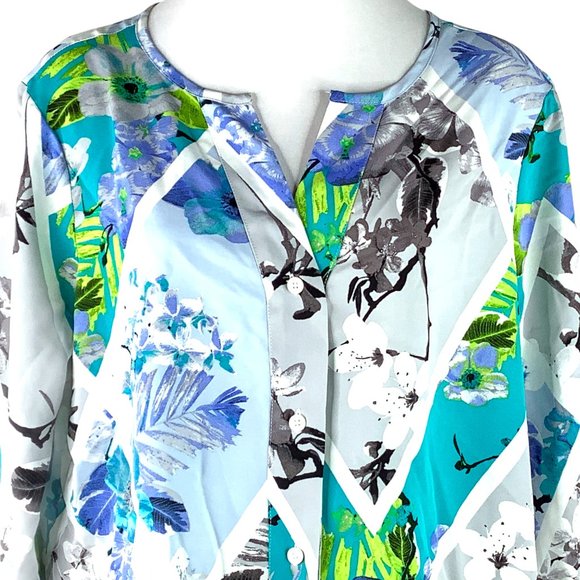 Adrienne Vittadini L Top Blouse Peasant Boho Floral Blue Button Tie Front - Picture 2 of 13